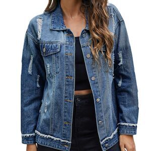 Zeagoo Women's Distressed Frayed Boyfriend Oversized Loose Trucker Denim Jacket